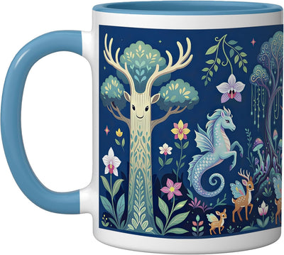 Taza mágica unicornio panda ciervo fae cerámica azul blanco