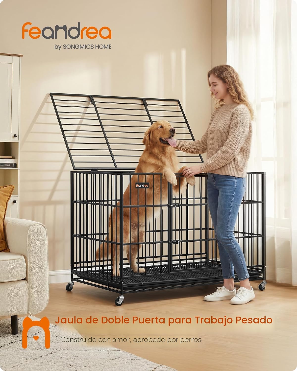 Jaula perros resistente plegable con ruedas puertas dobles