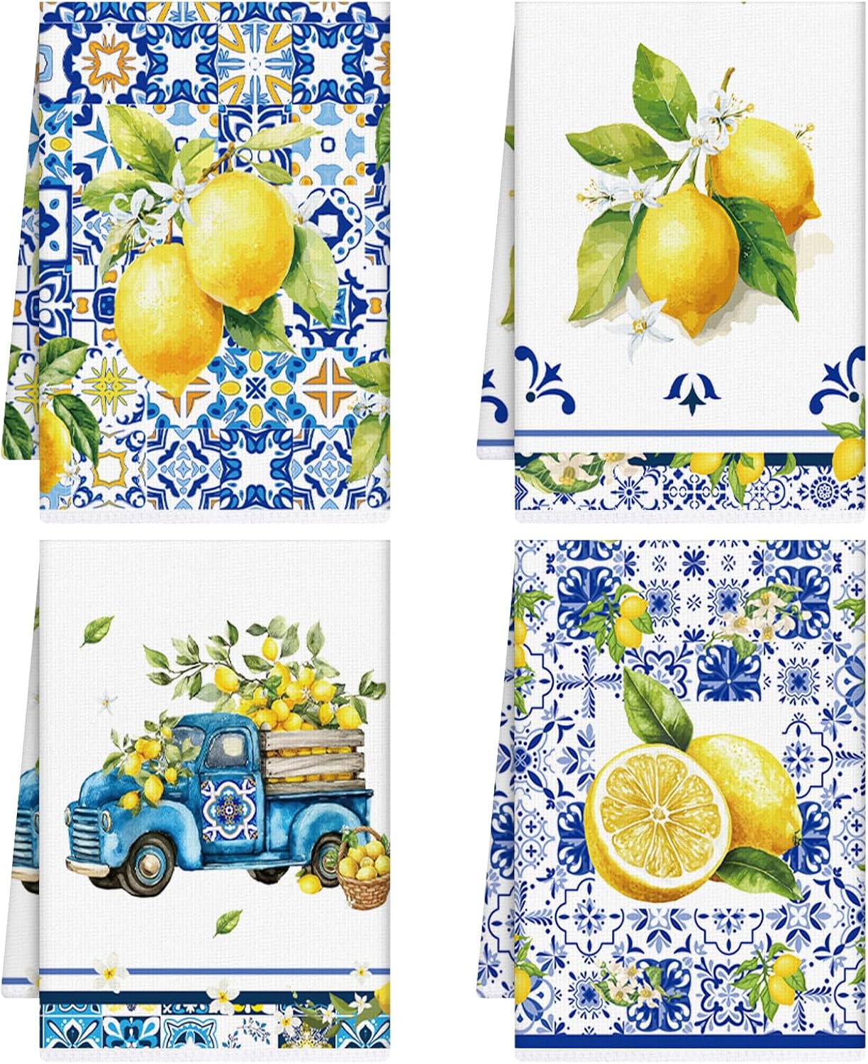 Juego de 4 toallas de cocina de limón azul y blanco con microfibra
