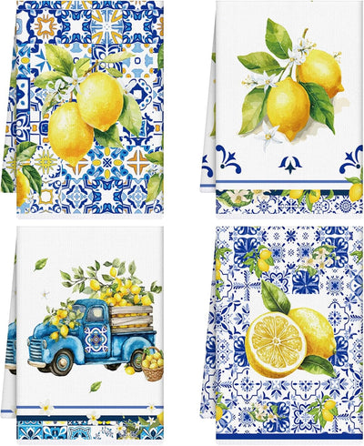 Juego de 4 toallas de cocina de limón azul y blanco con microfibra