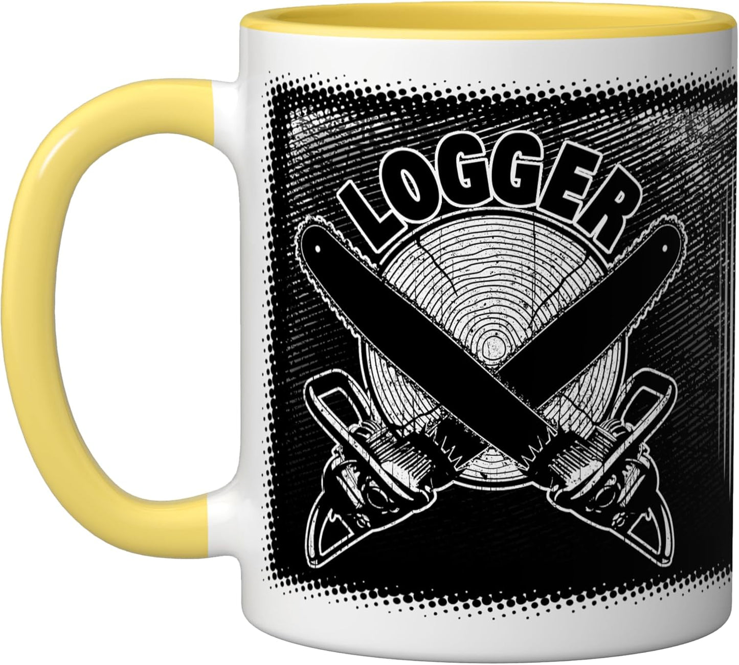 Taza Cerámica con Cadena de Sierras y Tronco Amarillo/Blanco