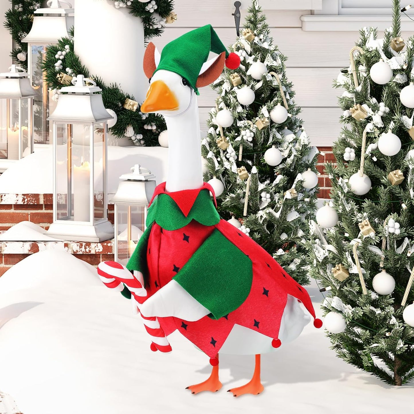 Traje ganso elfo Navidad rojo y verde para patio jardín decoración
