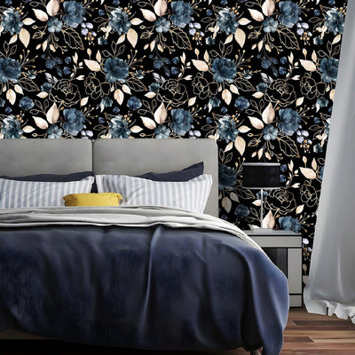 Papel tapiz floral negro y dorado extraíble grueso moderno