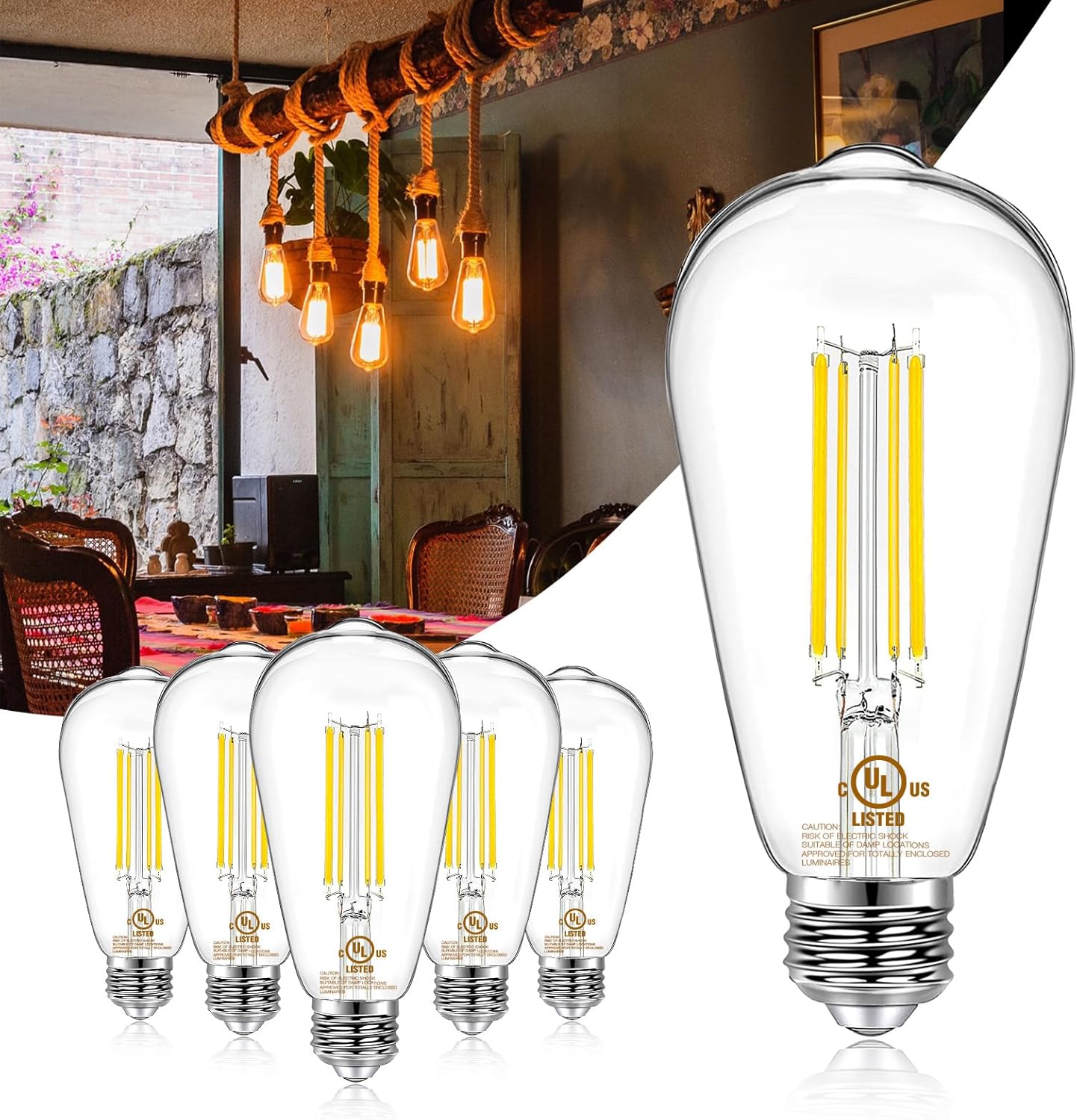 Pack 6 Bombillas LED Edison E26 Regulables 800LM Blanco Cálido