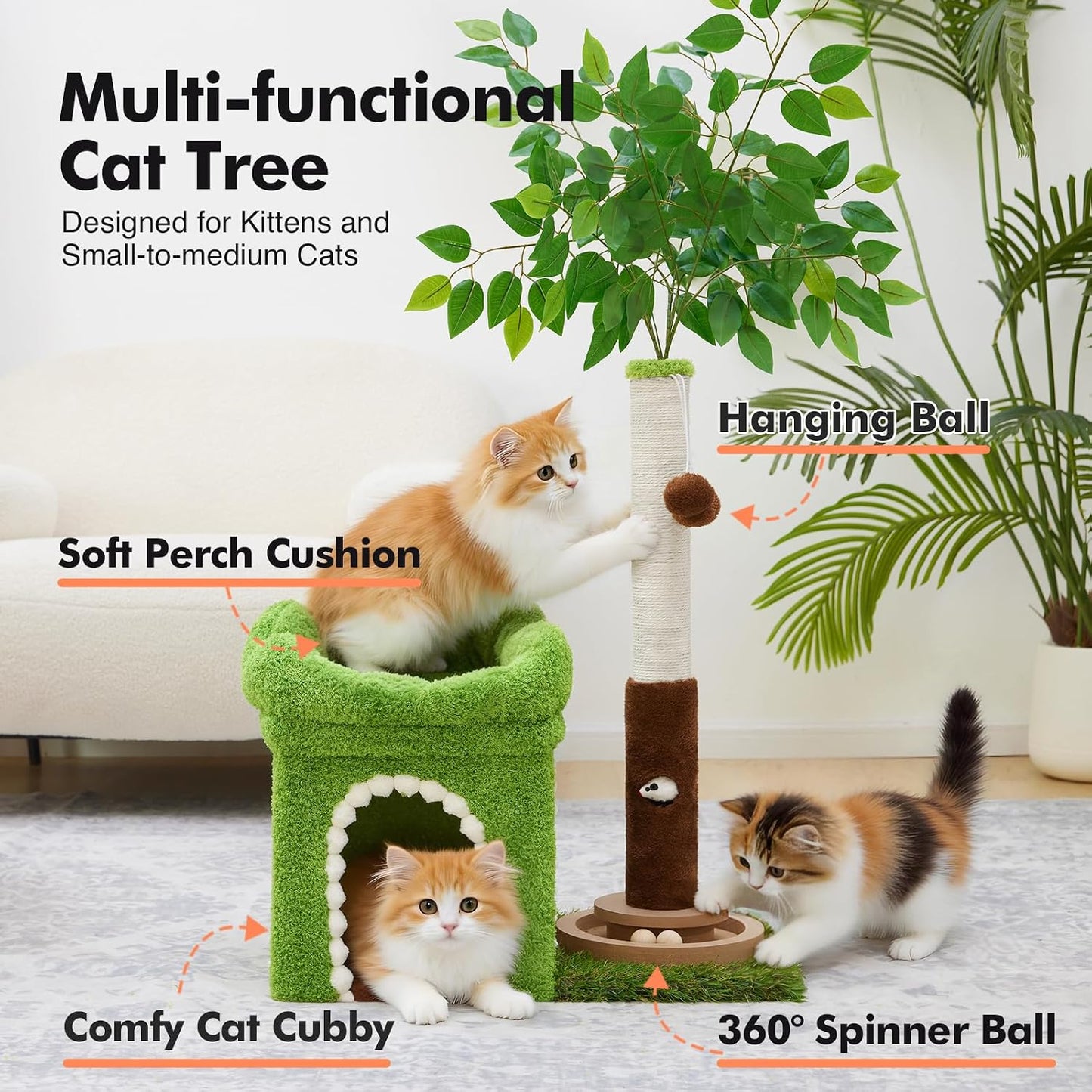 Árbol gatos con poste rascador y pista bolas torre verde