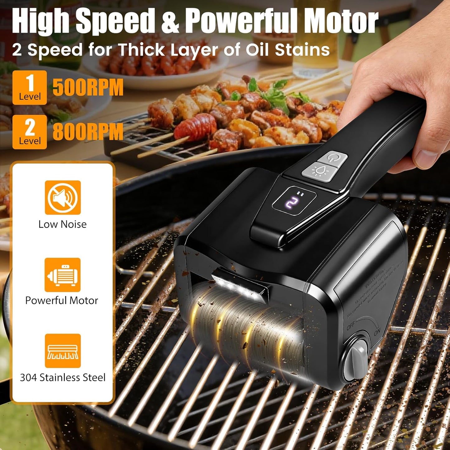 Cepillo eléctrico parrilla aire libre 800 RPM acero inox recargable