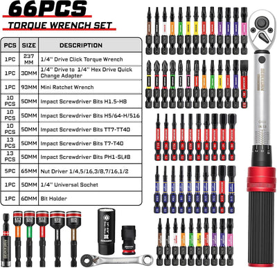 Juego 66 llaves trinquete 1/4 pulg 5-50 lb SAE bicicleta