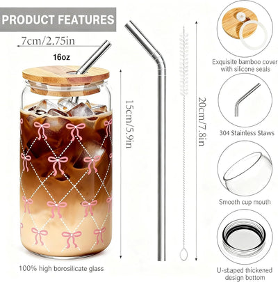 Vasos de vidrio con tapas y pajitas taza café helado lazo rosa 16 oz regalo cumpleaños San Valentín Navidad