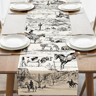 Camino de mesa vintage de vaquero occidental con animales de granja, cactus y decoración rústica