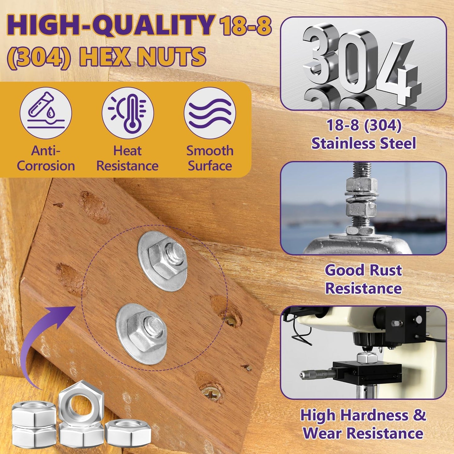 Kit 145 Tuercas Hexa Acero Inox M3-M12 Marinas