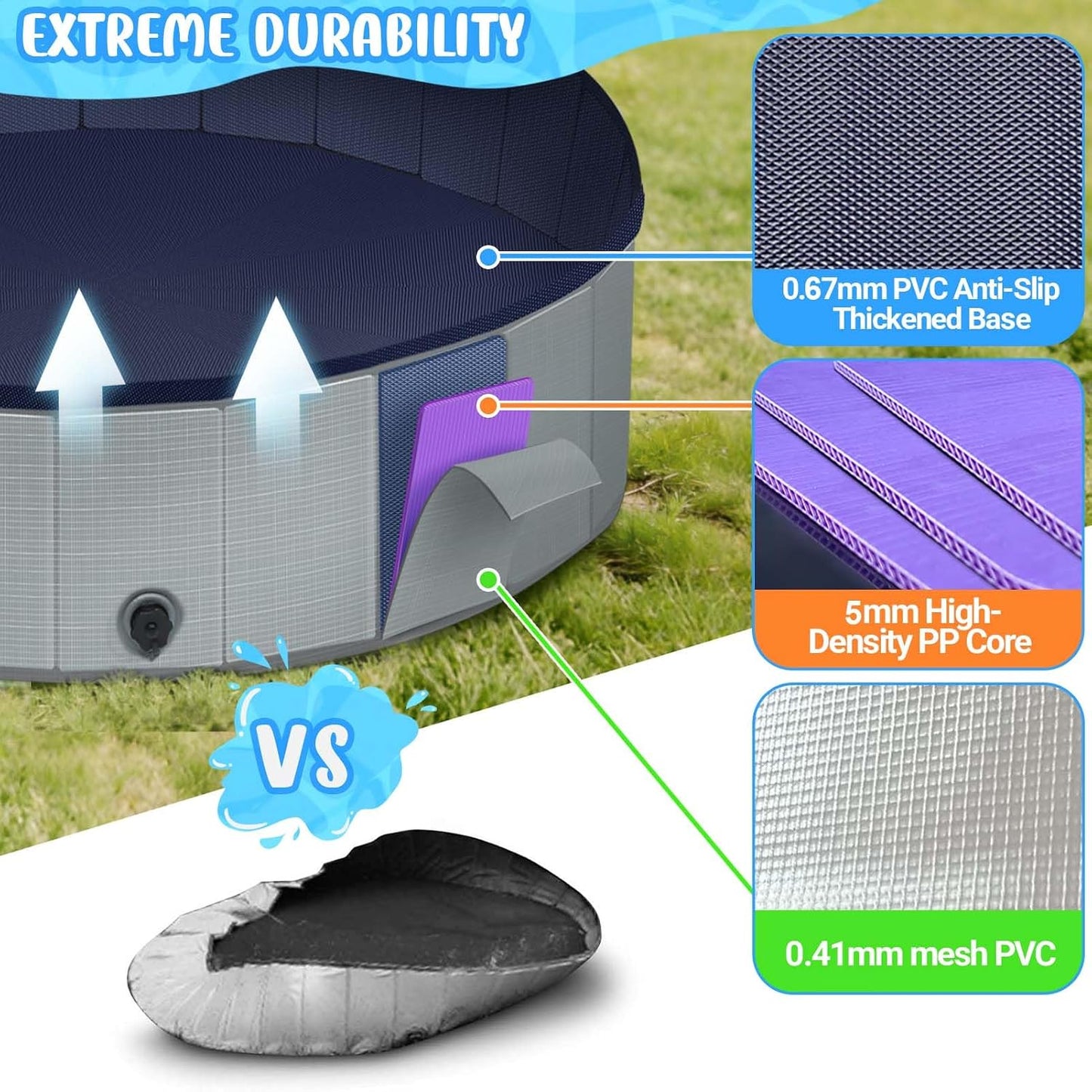 Piscina plegable perros 63pulg plástico duro antideslizante gris
