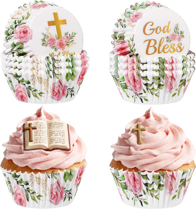 200 Forros Cupcakes Diseño Floral Cruz Bautizo Comunión