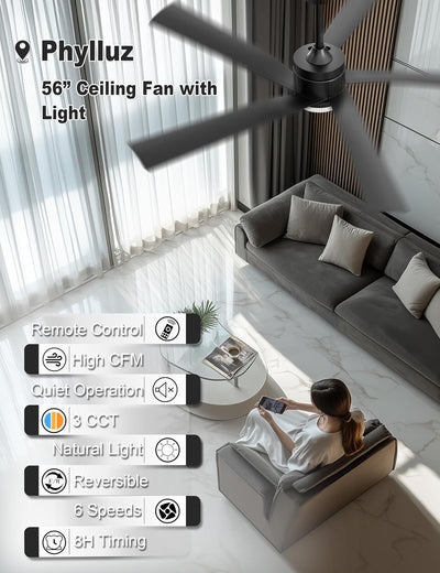 Ventilador techo 56pulg luz negro control remoto motor CC