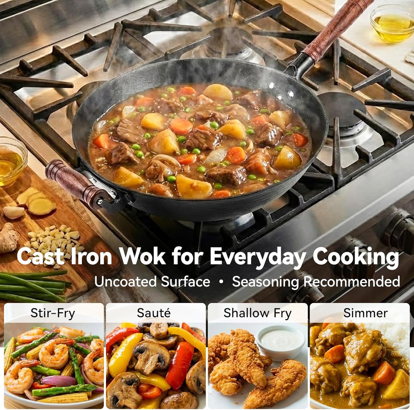 Espátula de wok de acero al carbono con gancho antideslizante, wok de hierro fundido 13.4" para salteado chino