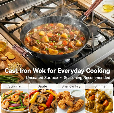 Espátula de wok de acero al carbono con gancho antideslizante, wok de hierro fundido 13.4" para salteado chino