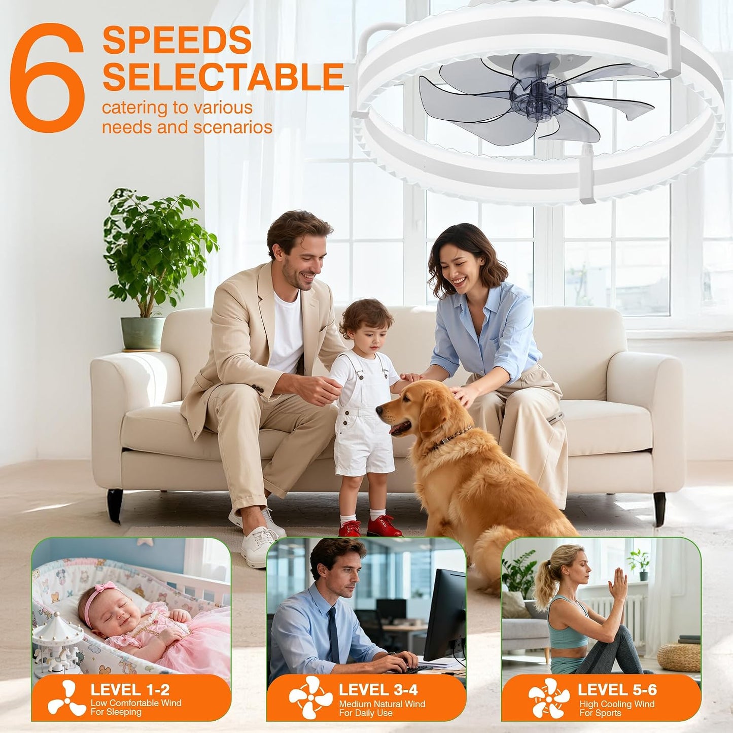 Ventilador techo LED 20pulg blanco motor CC reversible