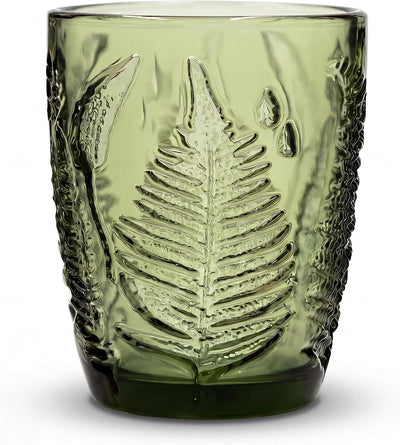 Vaso bajo con relieve de helecho verde vintage para agua, jugo y cócteles