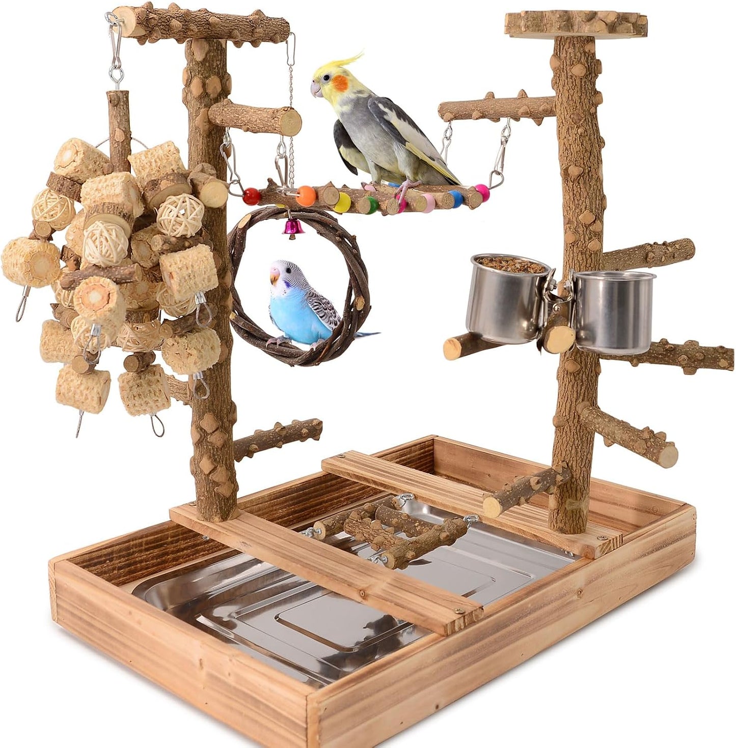 Soporte madera pájaros con tazas y juguetes