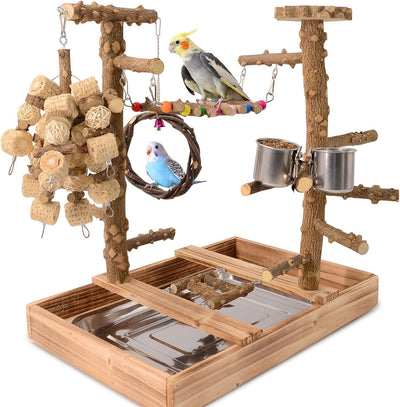 Soporte madera pájaros con tazas y juguetes
