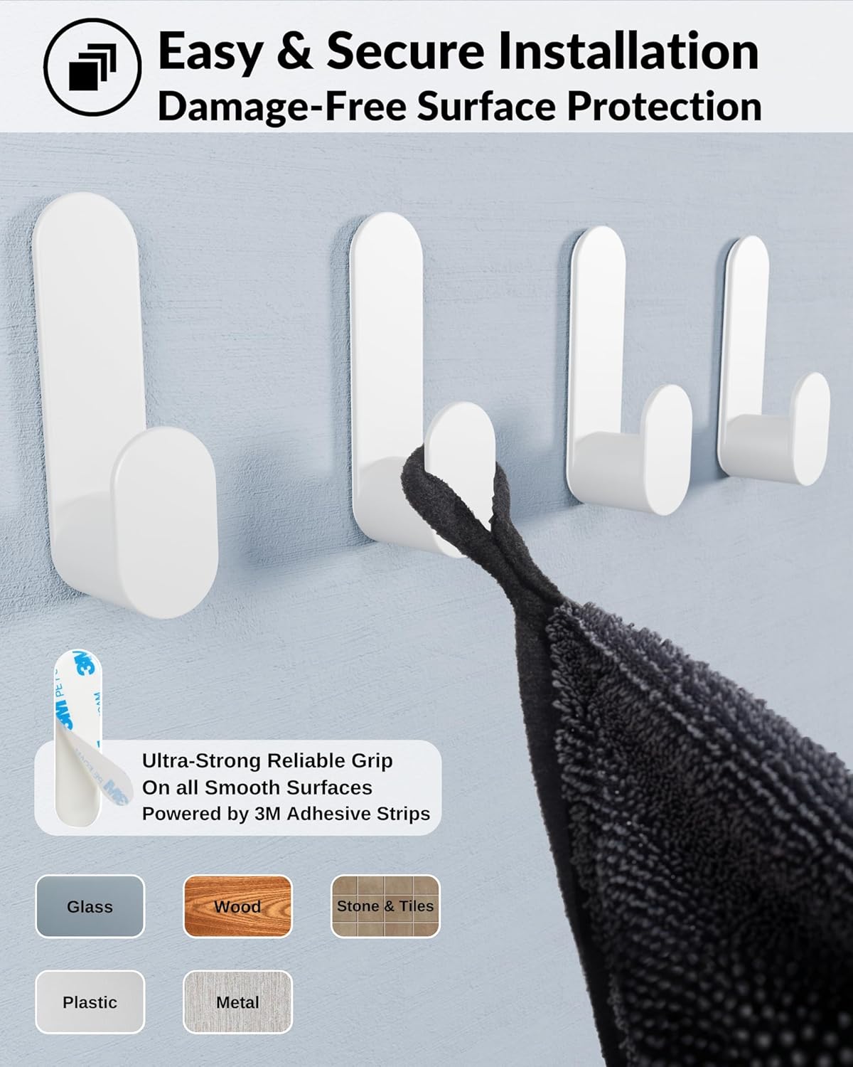 4 Pzas Ganchos Adhesivos Blancos para Baño Cocina