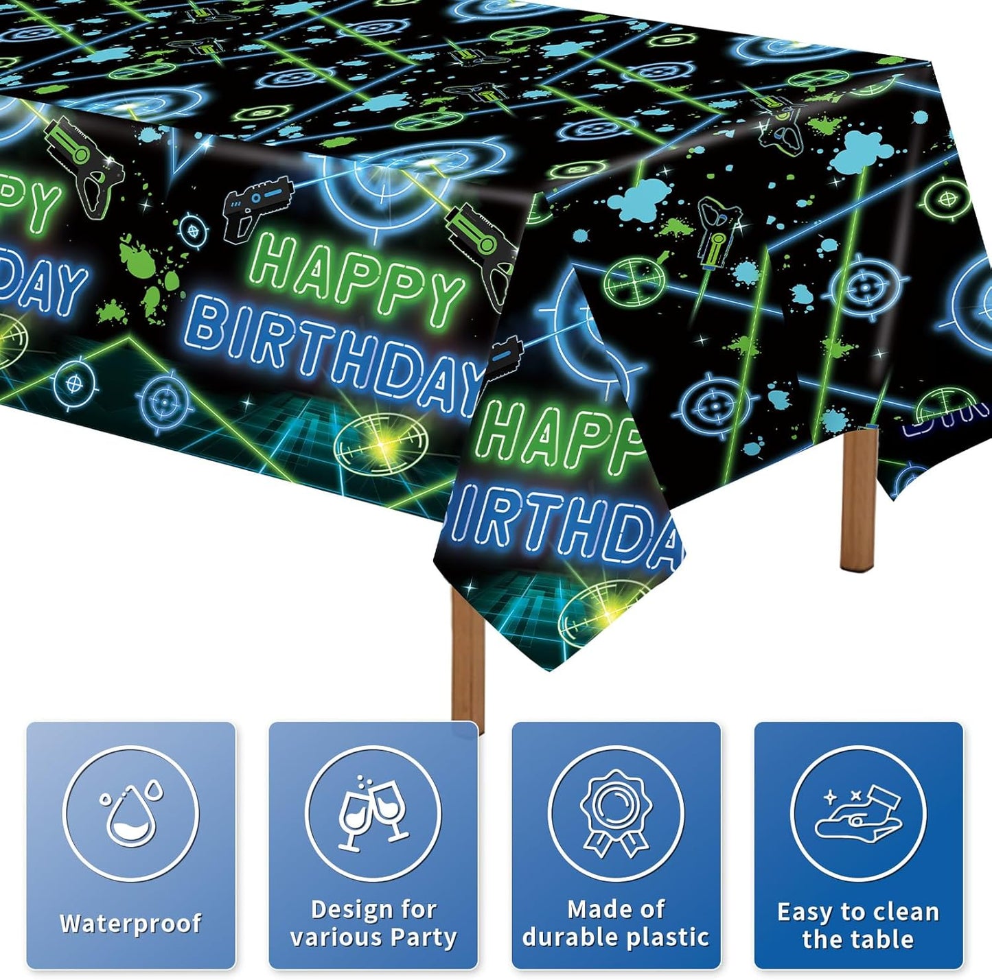3 Manteles Cumpleaños Neón Plástico Verde Azul Rectangular