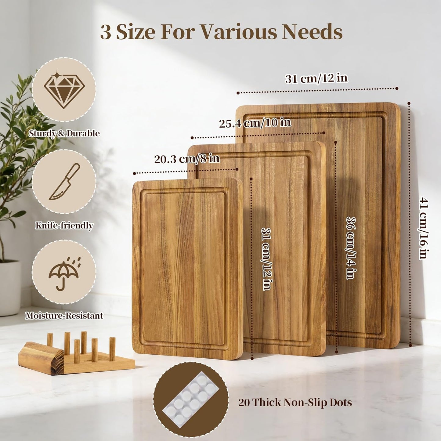 Set 3 Tablas Cortar Teca con Soporte Ranura Jugos
