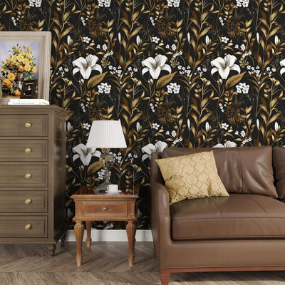 Papel tapiz negro dorado vintage floral 17.5x197pulg autoadhesivo
