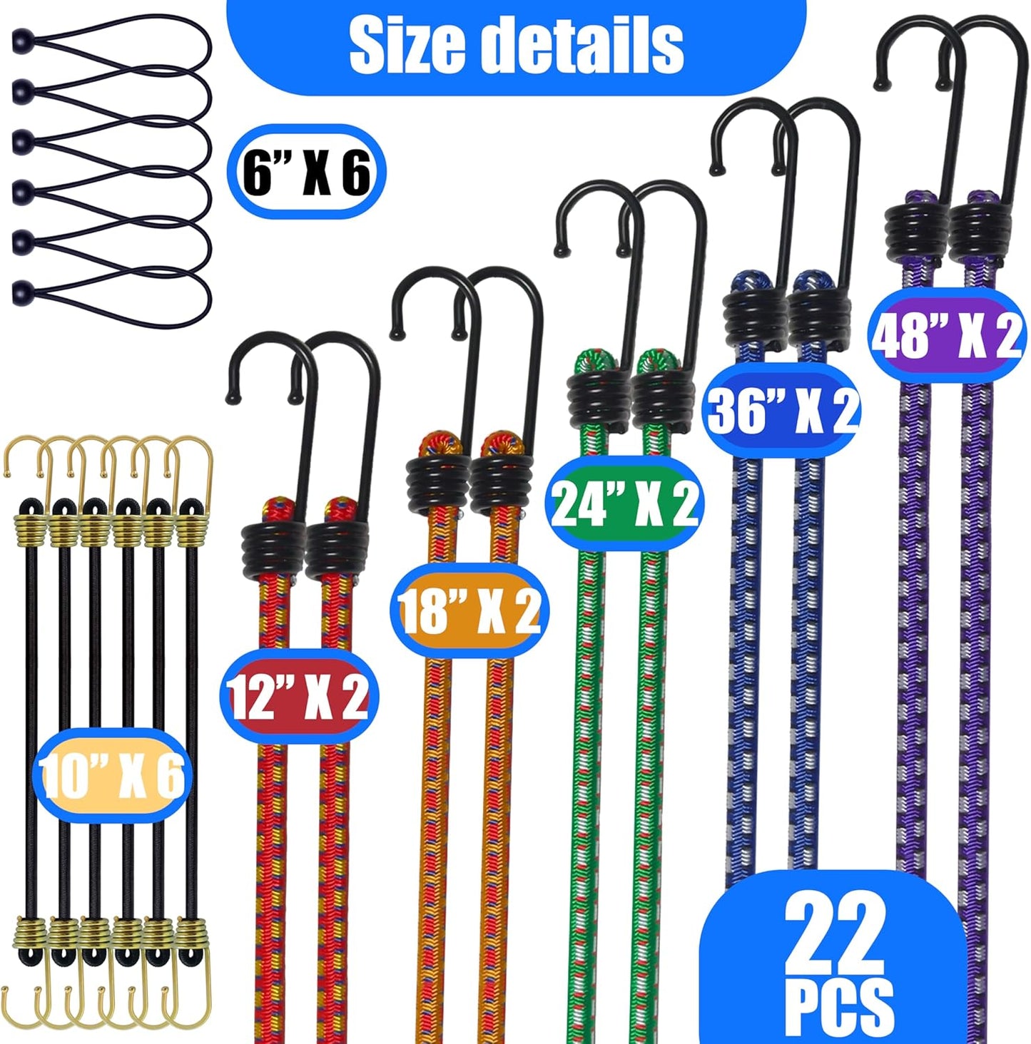 Set 22 Cuerdas Elásticas con Ganchos 0.315pulg