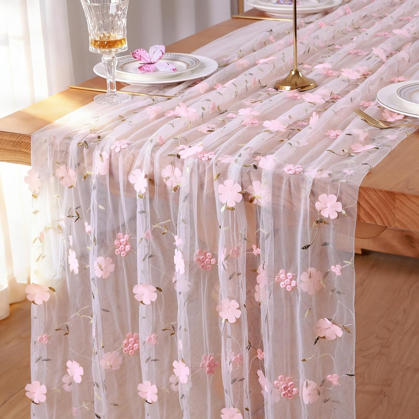 Camino de mesa de gasa marfil con bordado rosa flor 3D 120 pulgadas tul transparente para baby shower boda fiesta