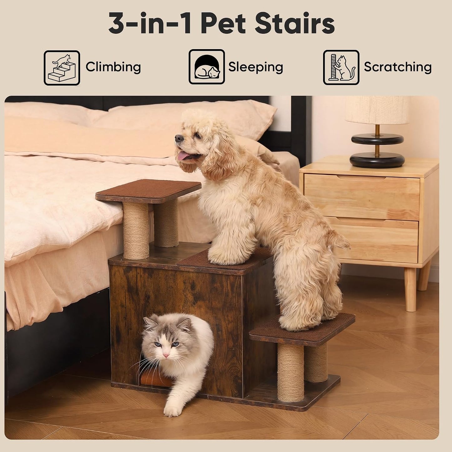 Escaleras 3en1 para mascotas estilo retro madera