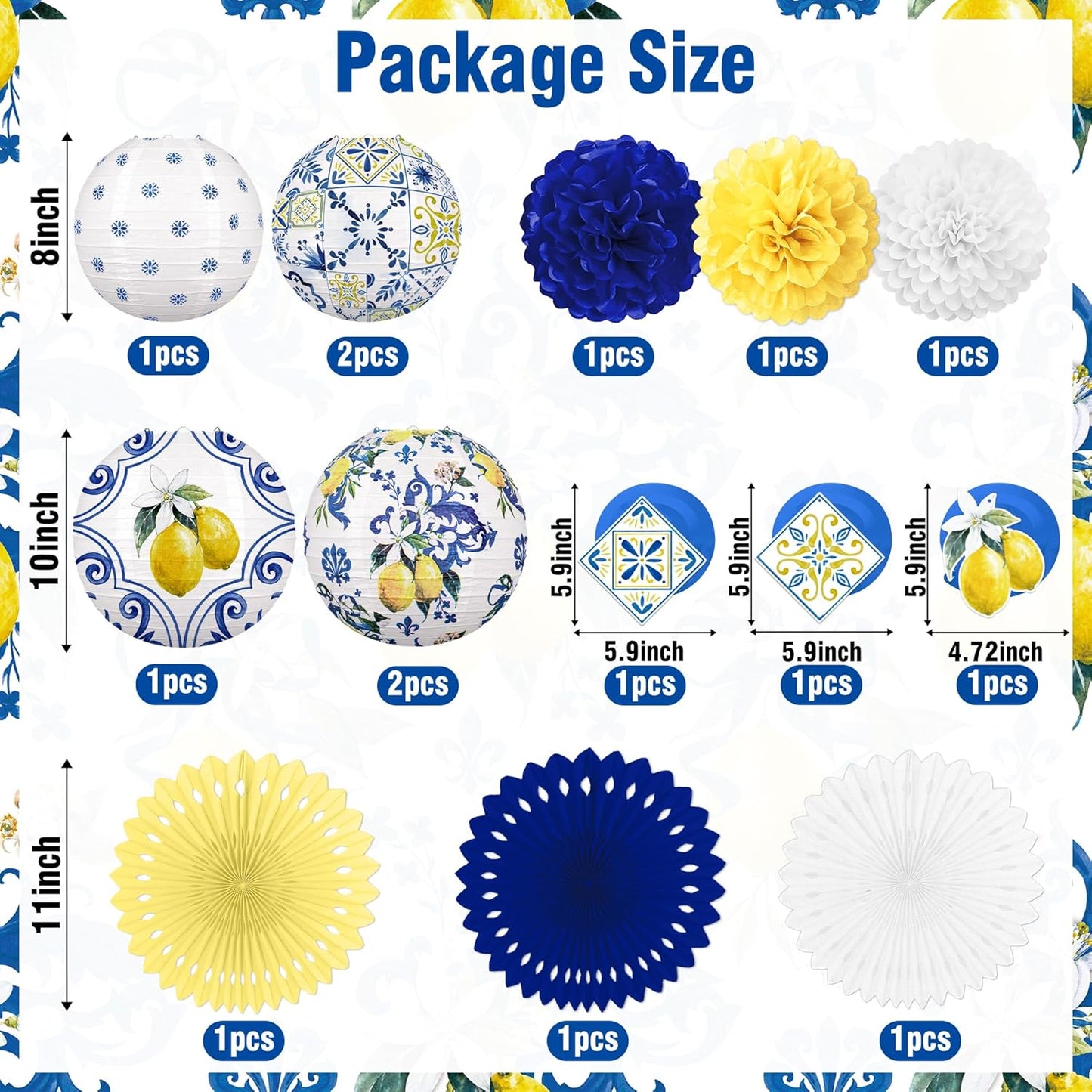 15 Linternas Papel Limón Fiesta Amalfi Capri Amarillo Azul