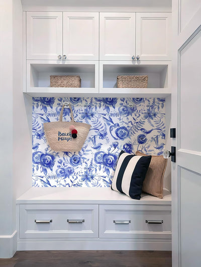 Papel tapiz floral azul y blanco 16.9x118.1pulg diseño pájaros
