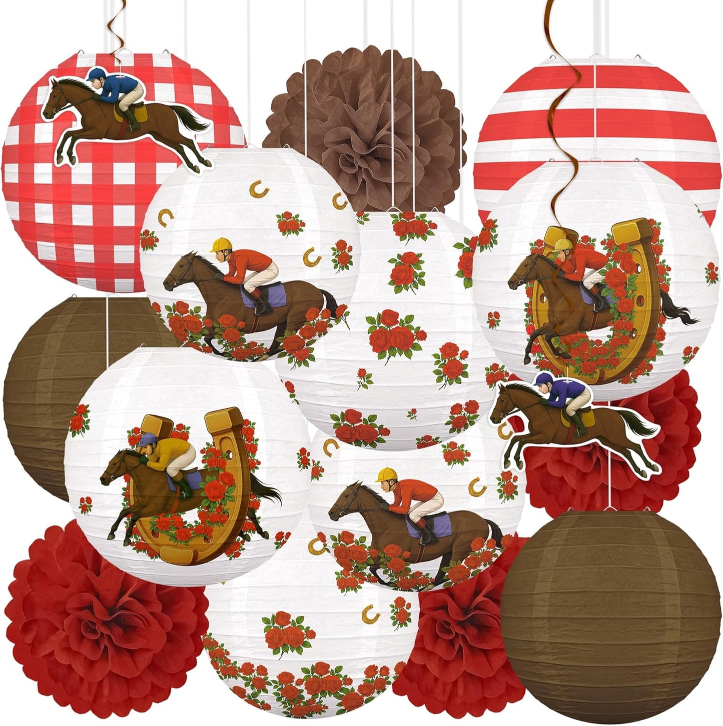 16 Pzas Decoración Fiesta Derby Caballo Corazón Faroles Papel