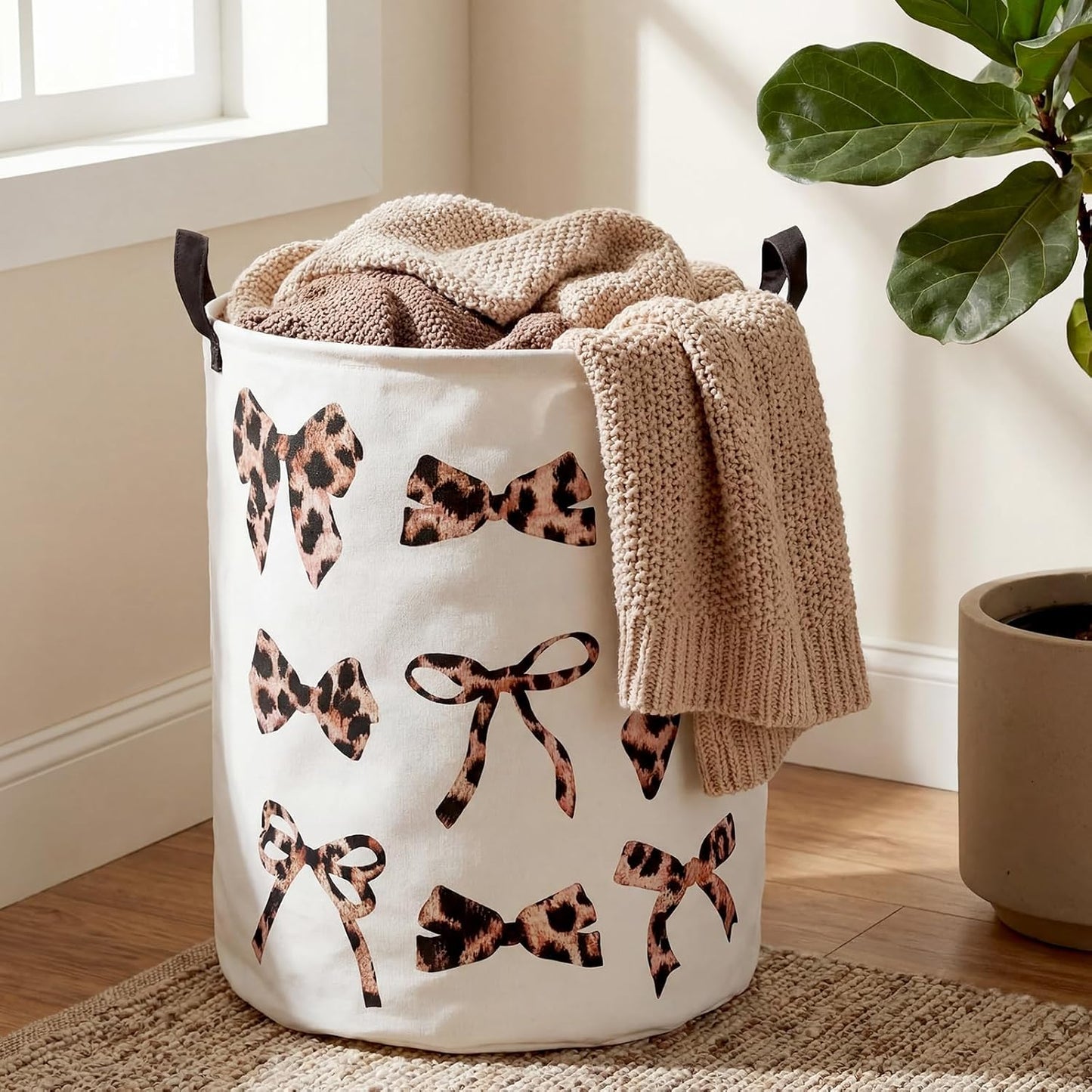 Cesta lavandería lazo estampado leopardo decoración hogar