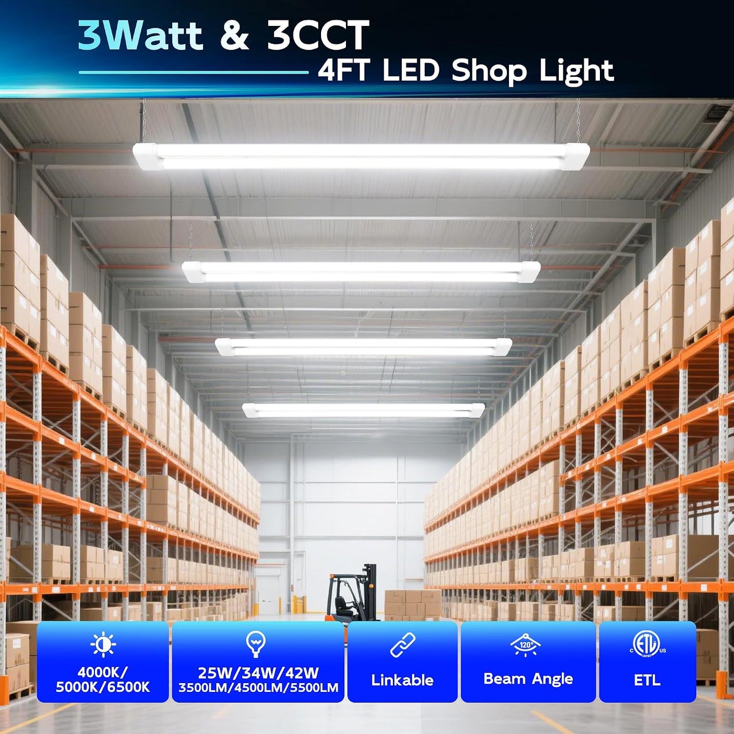 Luces LED tienda 4ft 3CCT 25-42W 5500LM pack 4