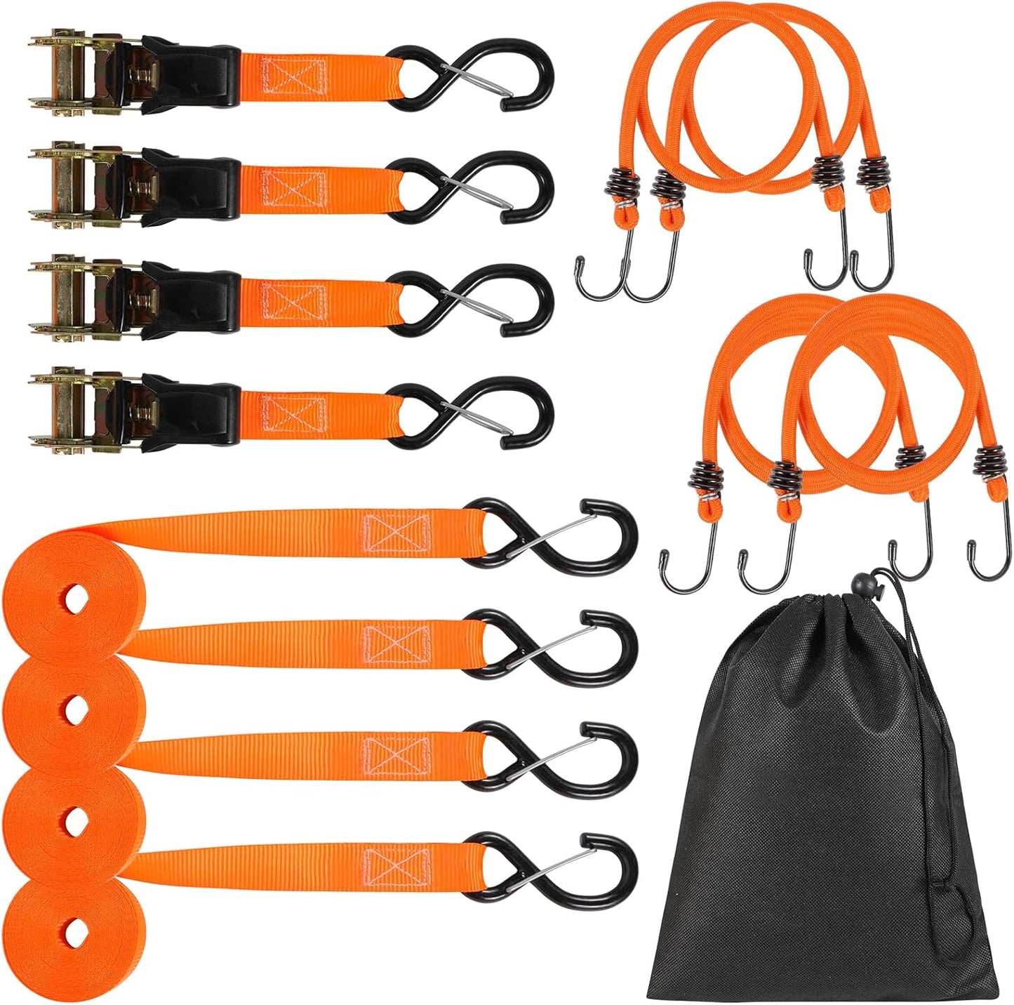4 Pzas Correas Trinquete 1500lb Naranjas con Ganchos S y Clips