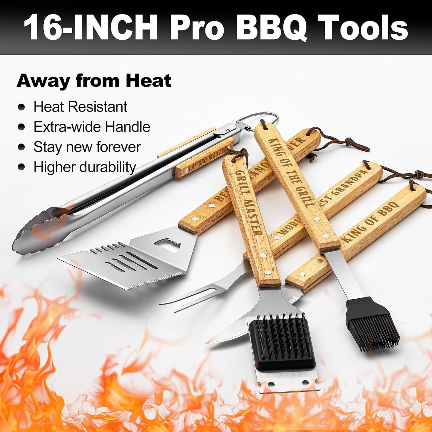 Kit accesorios barbacoa madera acero inox herramientas