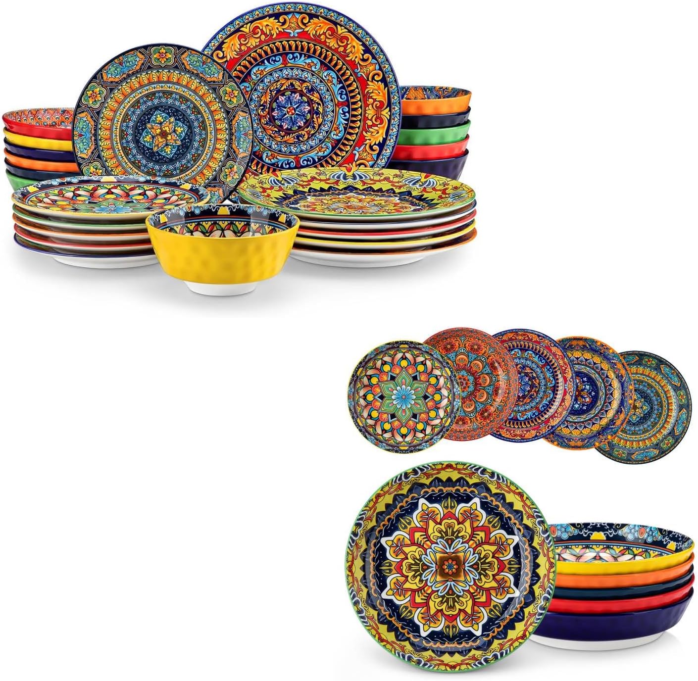 Set 24 Pzas Platos y Tazones 32oz Porcelana Coloridos