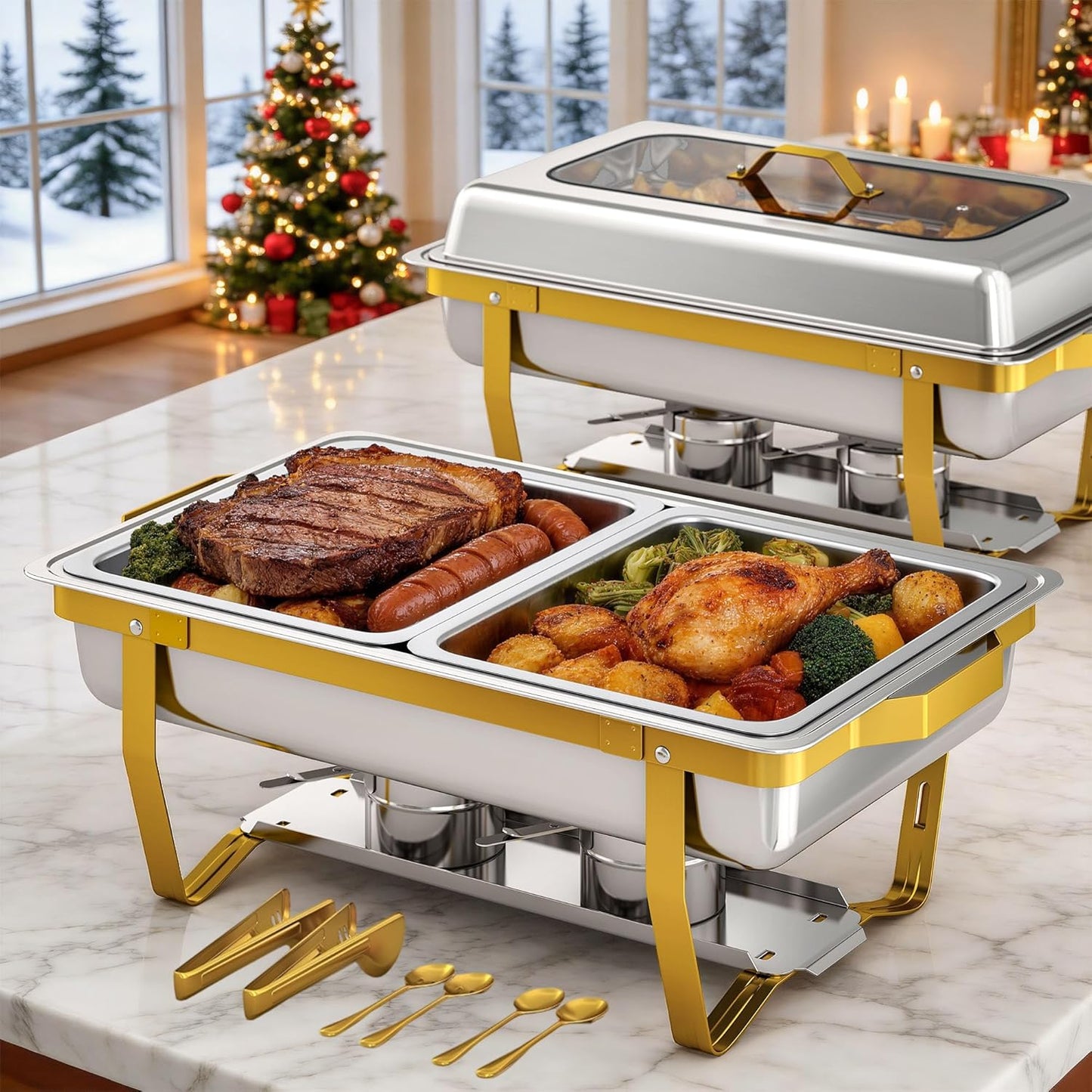 Platos para bufé de acero inoxidable con tapa de vidrio, paquete de 2