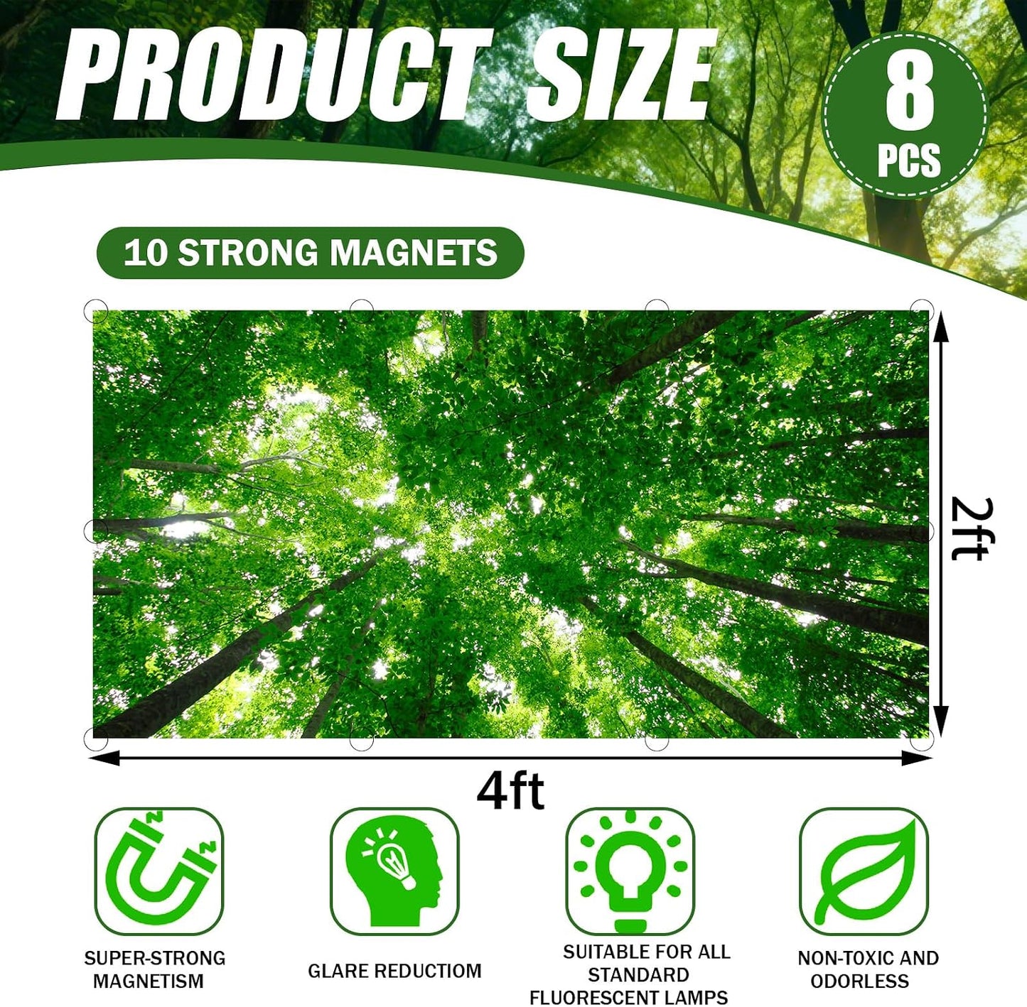 8 Pzas Cubiertas Luz Fluorescente 4x2ft con 80 Imanes Decorativos