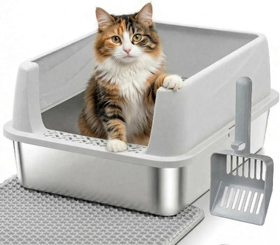 Caja arena acero inox gatos con tapa alta bandeja entrada baja