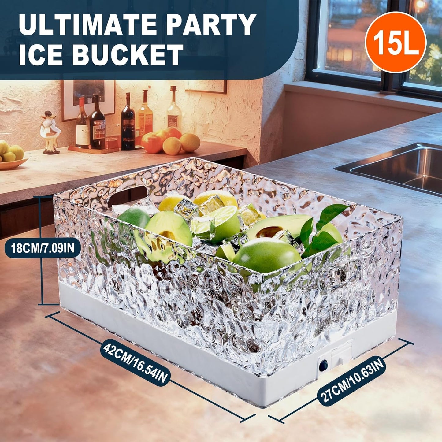 Cubo hielo acrílico 15L con luces LED para fiestas