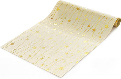 Mesa arpillera beige estrellas doradas 12x72pulg comedor boda