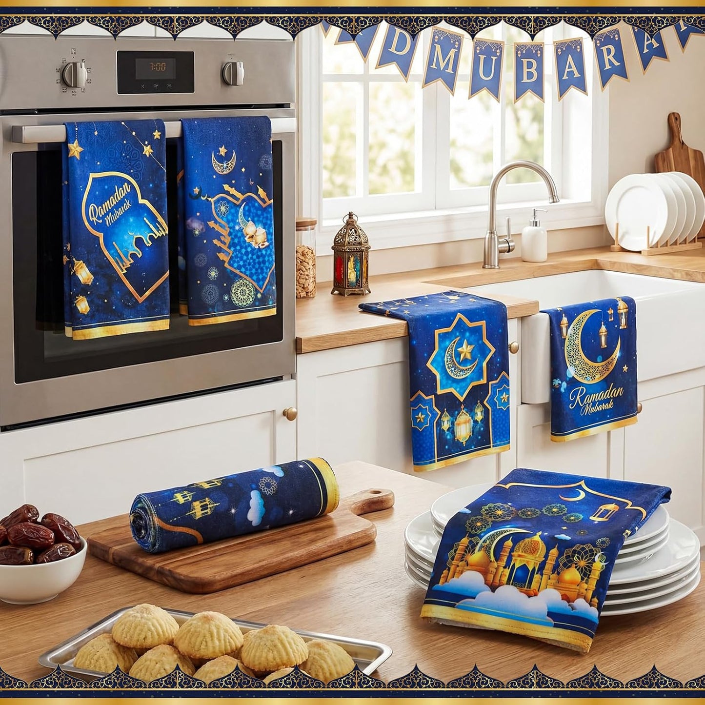 Toallas de cocina Ramadan Mubarak azul dorado 16 x 24 pulgadas