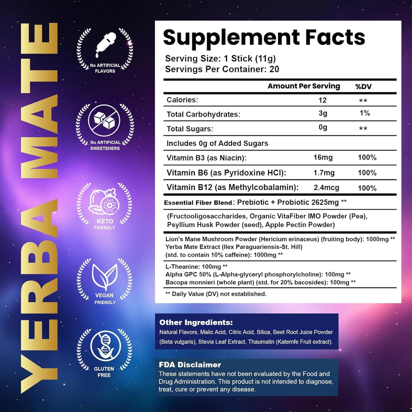 Yerba mate té instantáneo sin azúcar con nootrópicos prebióticos probióticos