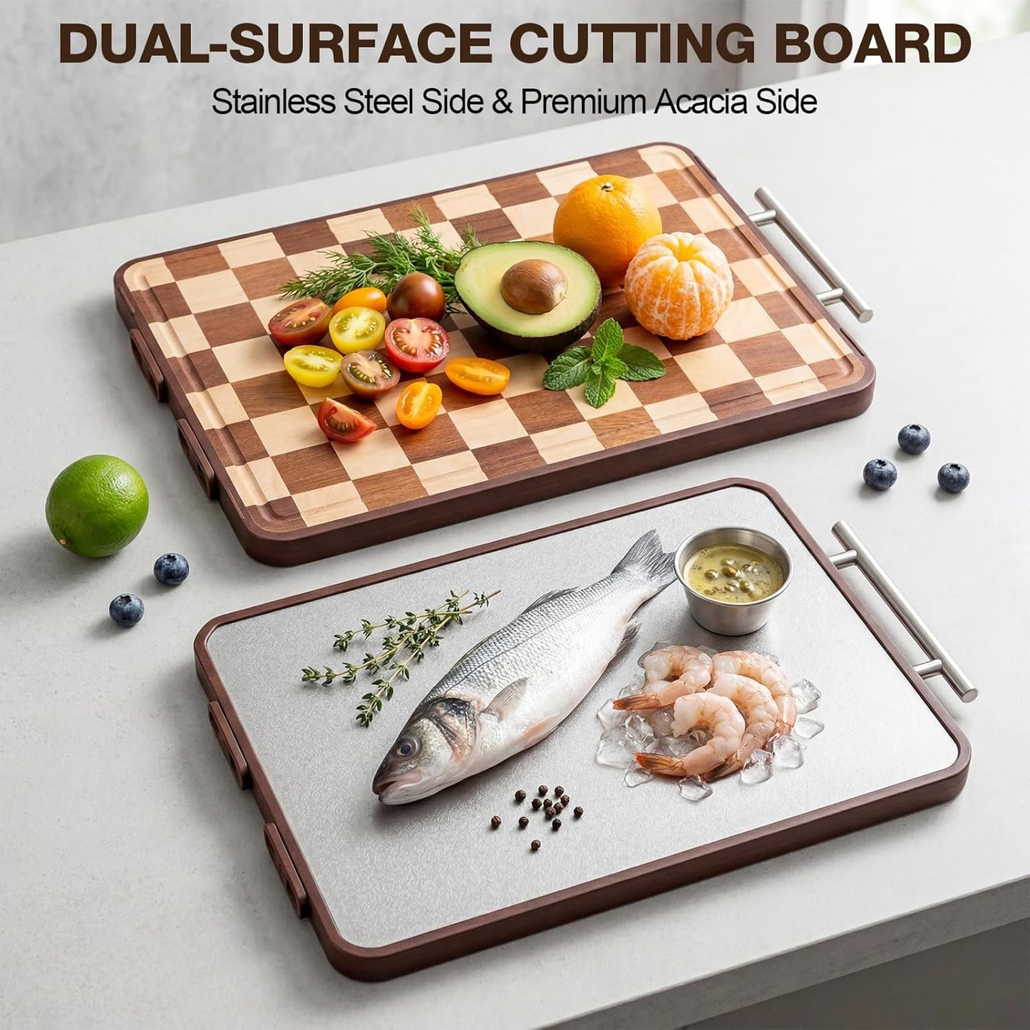 2 Pzas Tabla Cortar Madera Acacia Doble Cara con Mango