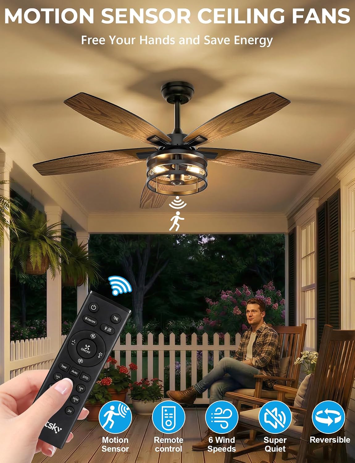 Ventilador techo exterior con luz sensor movimiento 42pulg negro