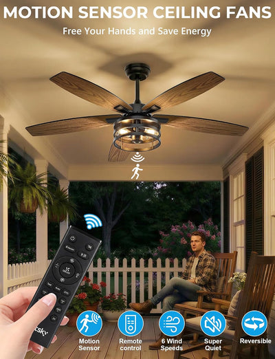 Ventilador techo exterior con luz sensor movimiento 42pulg negro