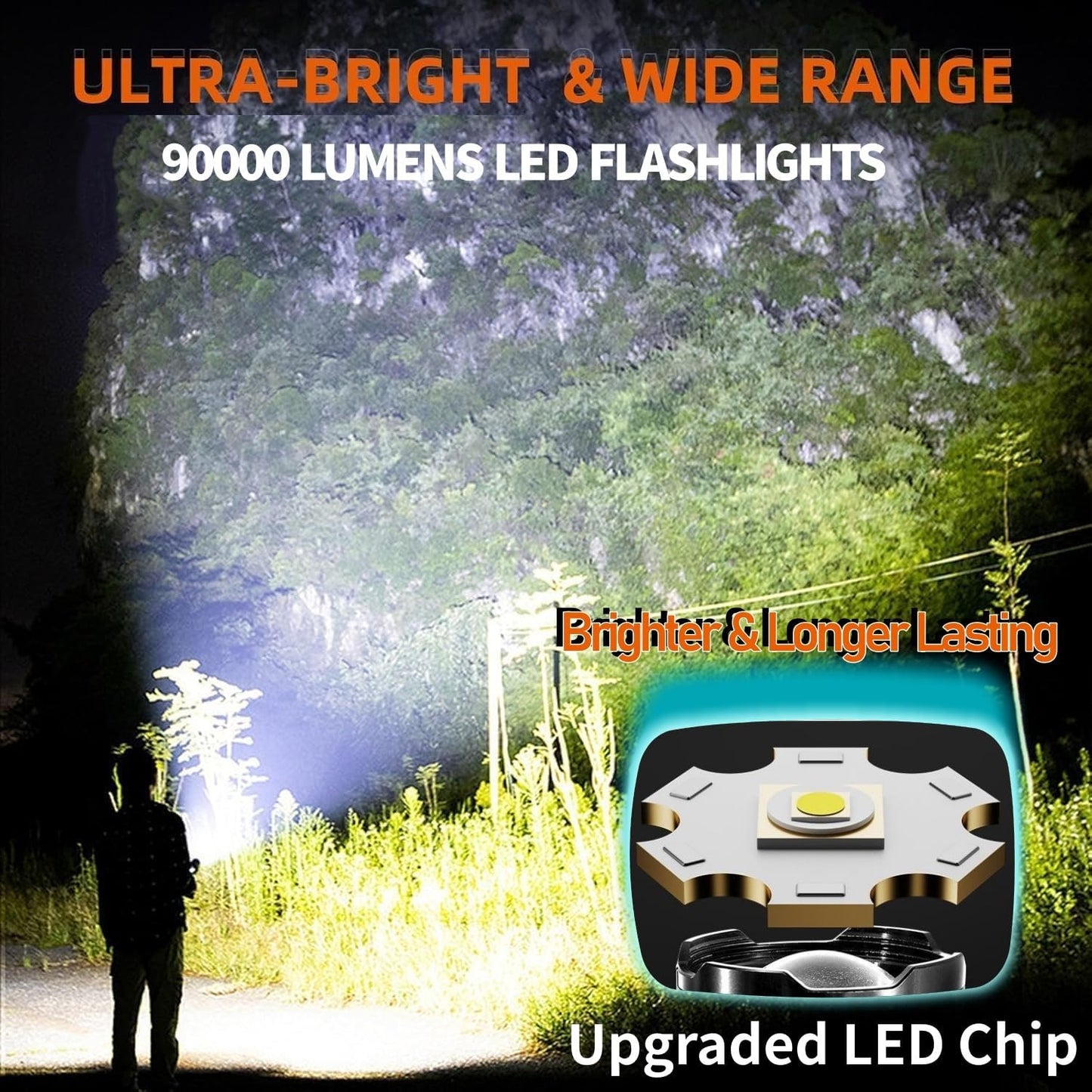 Linterna LED recargable 90000 lúmenes set 2 con mazorca IPX7