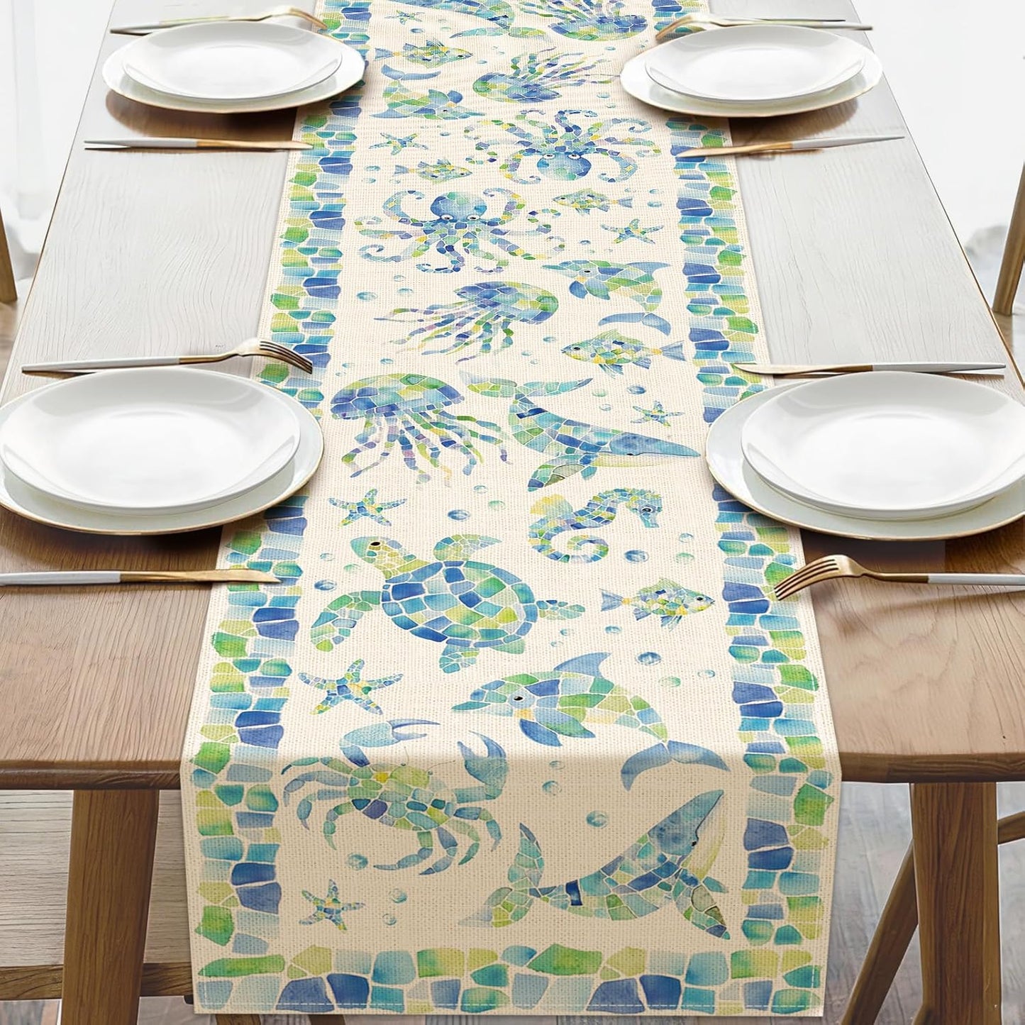 Camino de mesa con mosaico marino para comedor y cocina